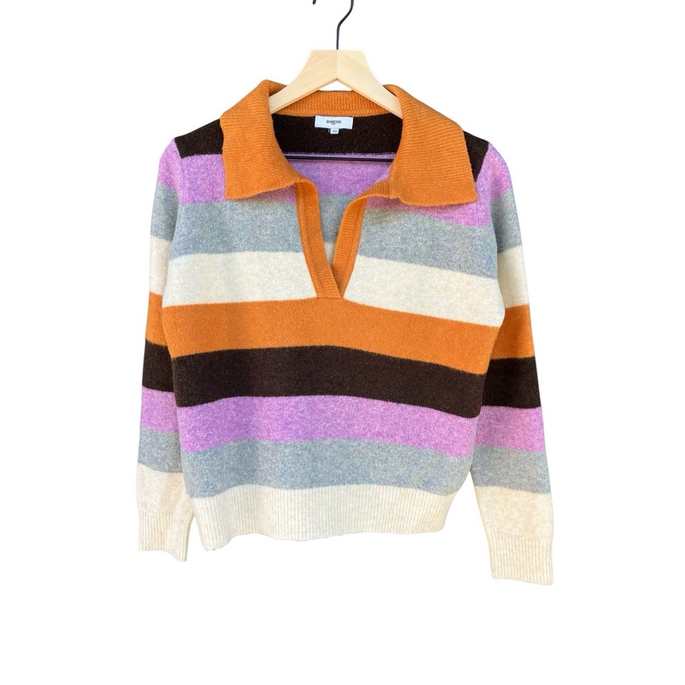 Suncoo Paris Striped Polo Sweater Womens T0 Size XS Oversized Boxy Rugby Knit